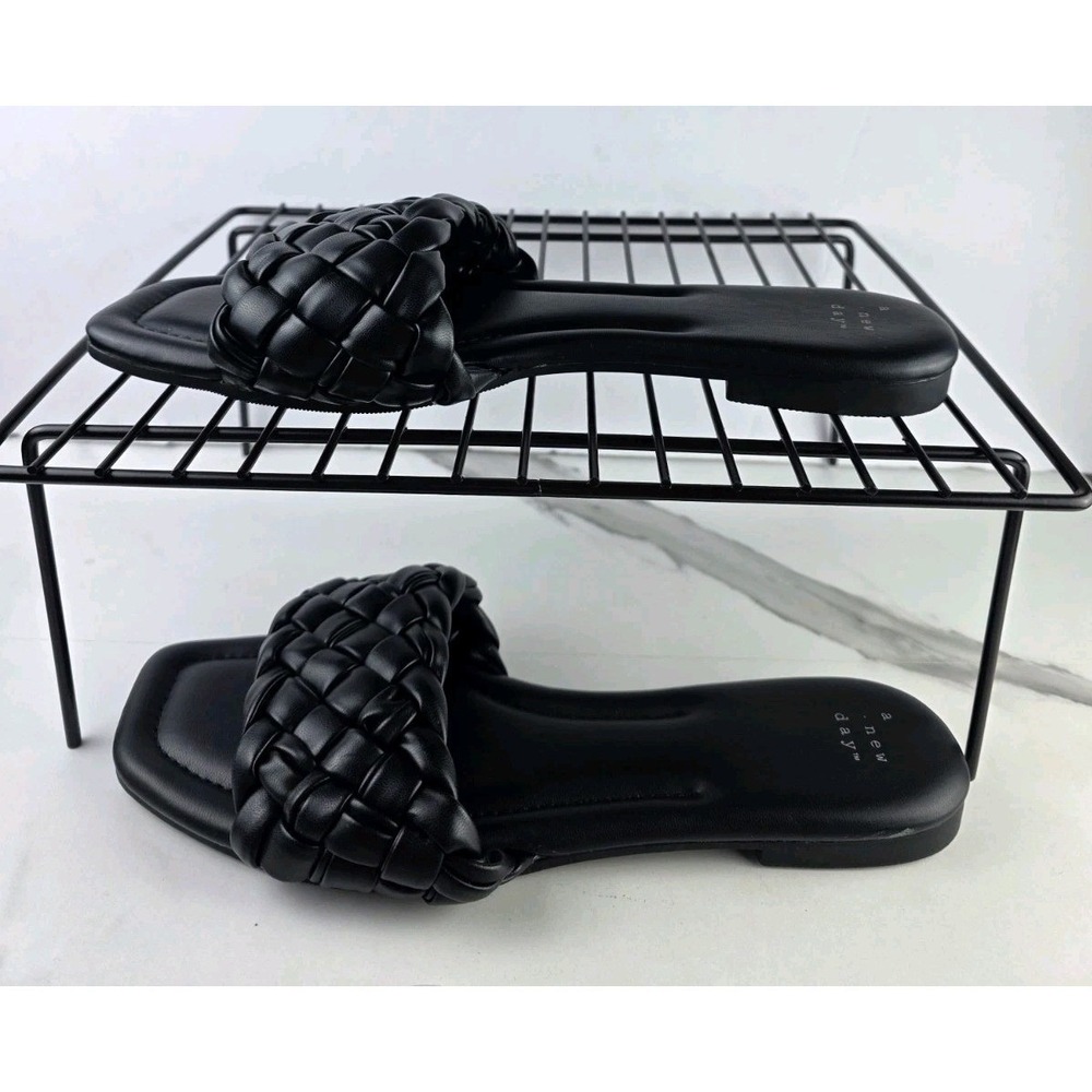 A New Day Slide Sandals Womens 10 Black Braided Woven Square Toe Flat Slip On - Picture 3 of 8